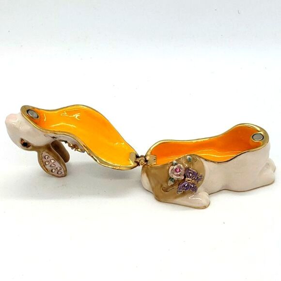 Enamel Vintage Floral Butterfly Bejeweled Rabbit Hinged Trinket Box - Picture 8 of 10
